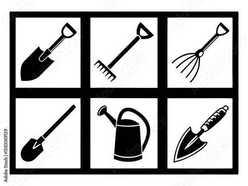 Collection of six black and white icons representing gardening tools