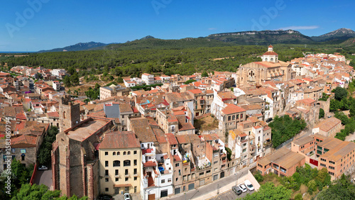 Panoramic aerial view of Mont-roig del Camp town on sunny summer day. Tarragona, Spain.