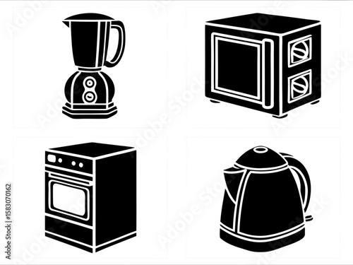 Black and white icons of common kitchen appliances
