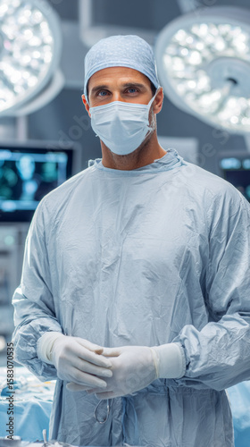 A surgeon in a sterile, modern operating room, conveying professionalism and focus.