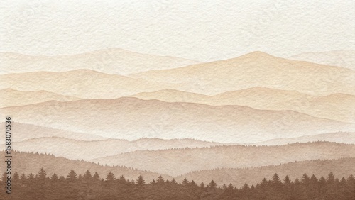 Tranquil Watercolor Landscape of Mountain Range with Soft Earthy Tones