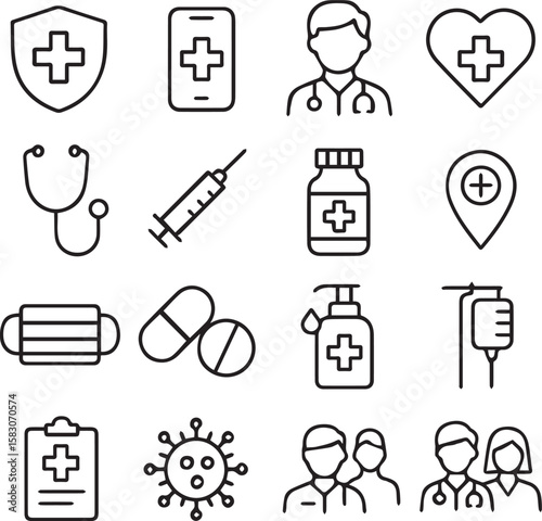 Healthcare line icon set. Medicine, medical service, health, care, doctor, hospital, patient, treatment, sick, illness and more. Outline icon in linear style. Vector collection.