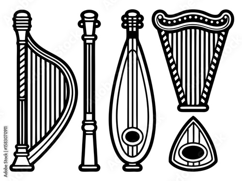 Collection of stylized harp and lyre musical instruments in black and white