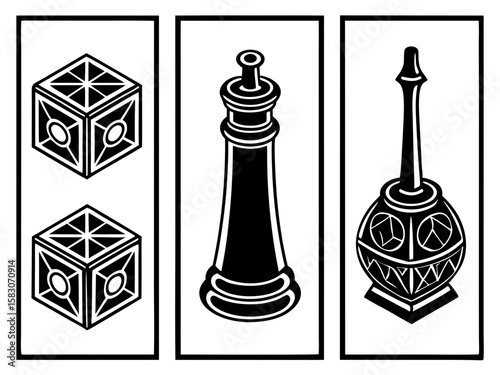 Stylized geometric chess pieces and cubes in a triptych design