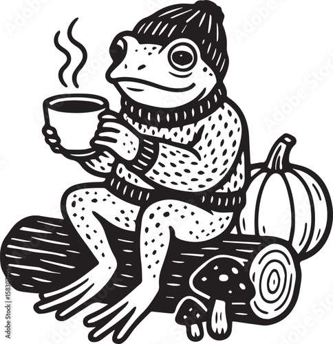 cute fall frog with coffee cup and pumpkin