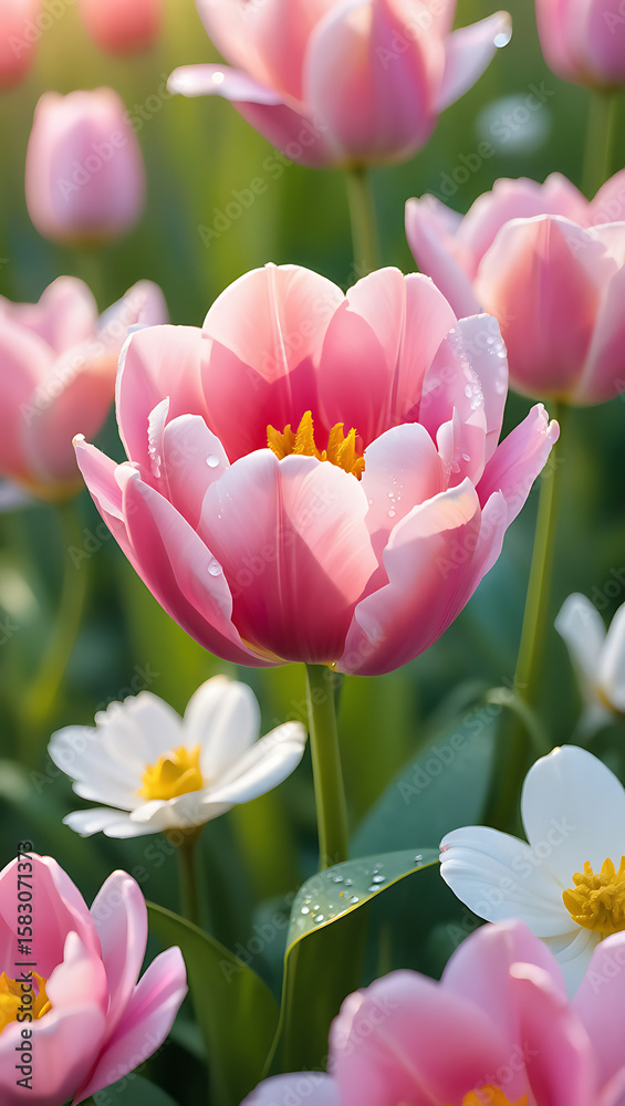 Fototapeta premium A beautiful pink tulip blooms in a lush green garden on a sunny day