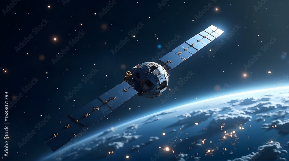 Naklejka premium Hight-Tech Artificial Satellite Orbiting Earth.Twinkling Stars. 
