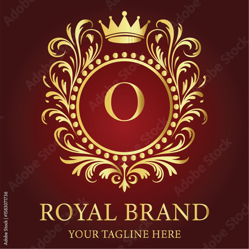 Luxury royal brand logo with golden crown and letter O on red background for elegant business identity

