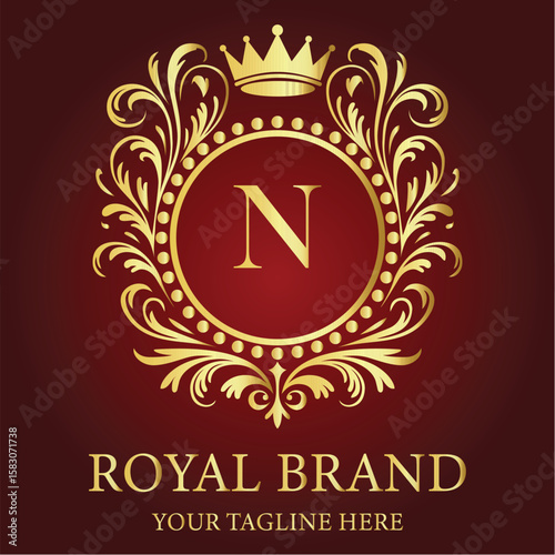 Luxury royal brand logo with golden crown and letter N on red background for elegant business identity

