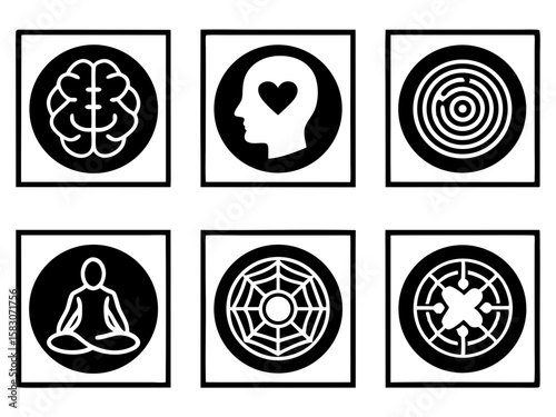 Collection of six black and white icons representing mind and meditation