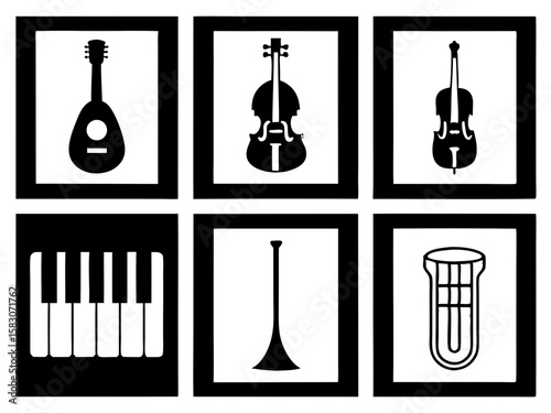 Collection of six black and white silhouettes of musical instruments