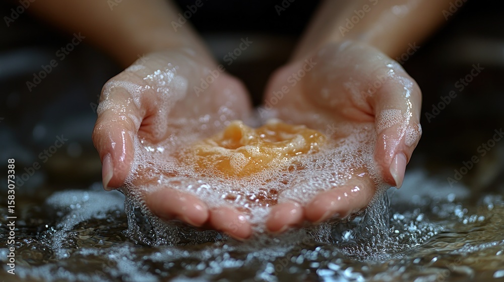 Fototapeta premium Hands holding soap, bubbles and water