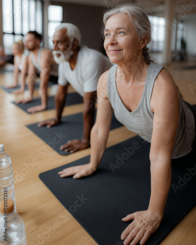 Senior woman smiling during yoga class with friends in fitness studio