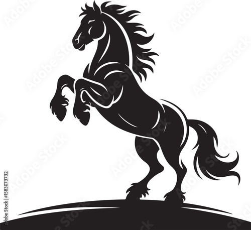 Black vector horse rearing powerful stance outline thick view  isolated white background