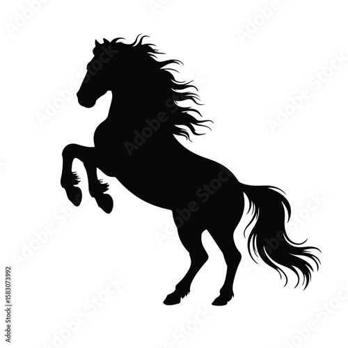 Black silhouette of horse rearing powerful mane flowing rearing horse cllipart isolated white background