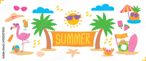 cute fun hand drawn flat style graphic element vector set in summer beach theme