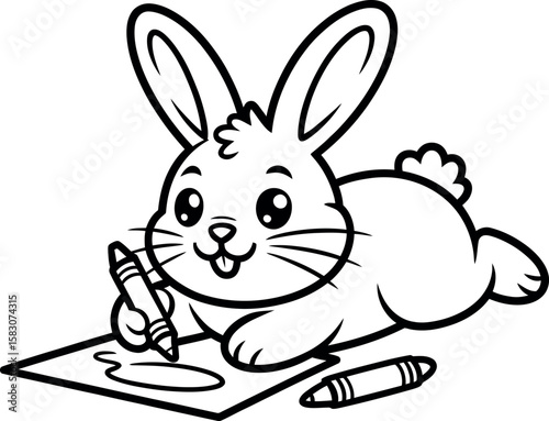 Adorable vector bunny rabbit drawing happily with crayons