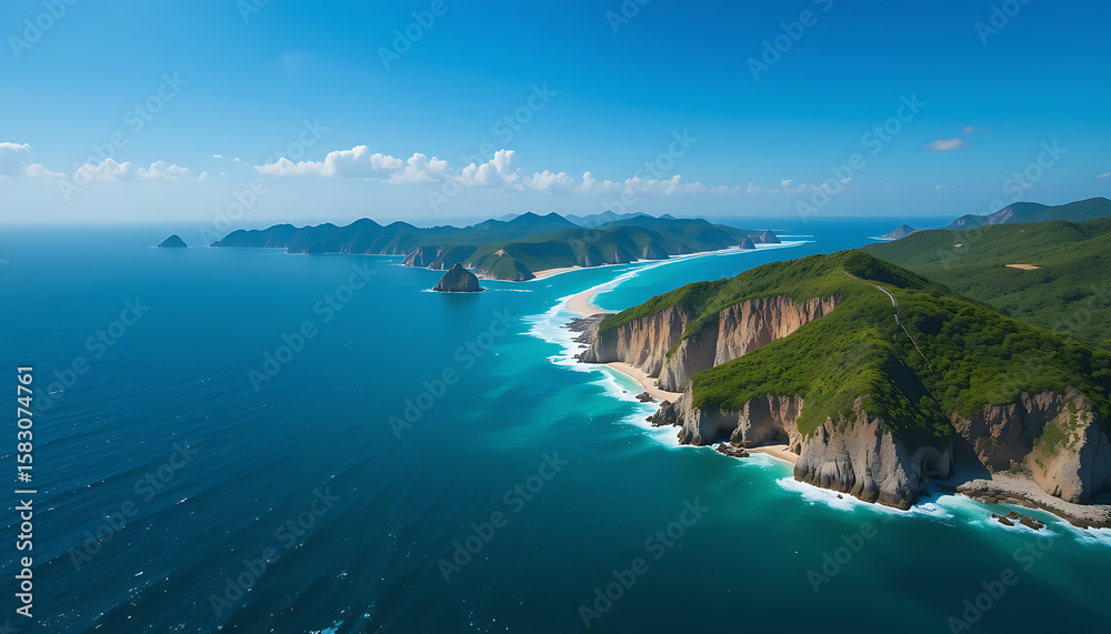 Fototapeta premium Aerial View of Coastal Cliffs and Turquoise Waters with Lush Green Hills
