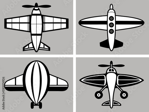 Collection of stylized vintage aircraft and airship illustrations