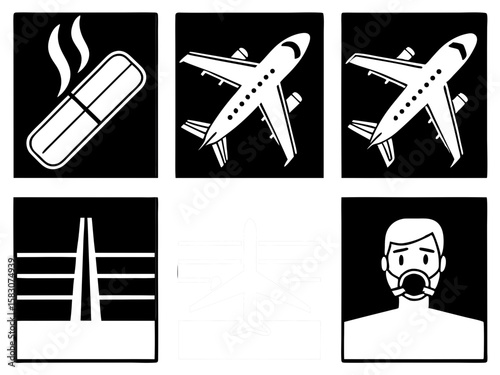 Airport safety and travel icons featuring airplanes and a masked person