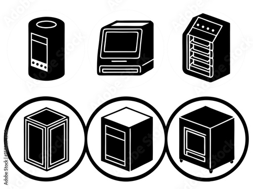 Collection of black and white isometric icons representing various appliances