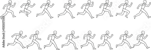 Running cycle cad drawing flat vector illustration, two sequences of eight stick figures showing full dynamic jogging motion front viewRunning cycle cad drawing flat vector illustration