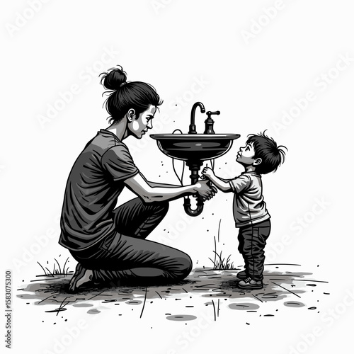 Woman fixing plumbing outside, child watching, relationship concept, domestic life, family