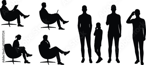 Silhouette figures cad drawing flat vector illustration, six poses including seated gestures, child interactionSilhouette figures cad 