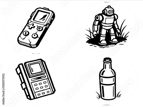 Retro video game console robot pda and bottle in circular icons