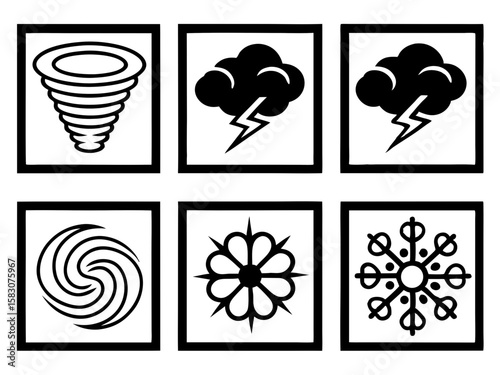 Collection of weather and natural phenomenon icons in black and white
