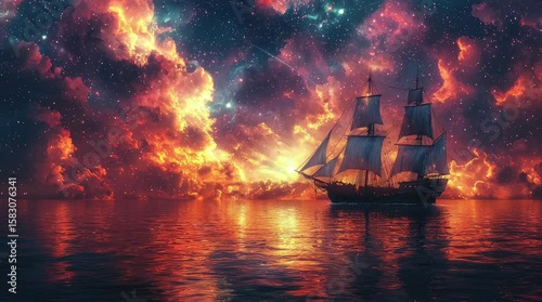 Wallpaper Mural A vibrant sunset scene featuring a sailing ship against a starry sky and colorful clouds. Seamless looping 4k video background  Torontodigital.ca