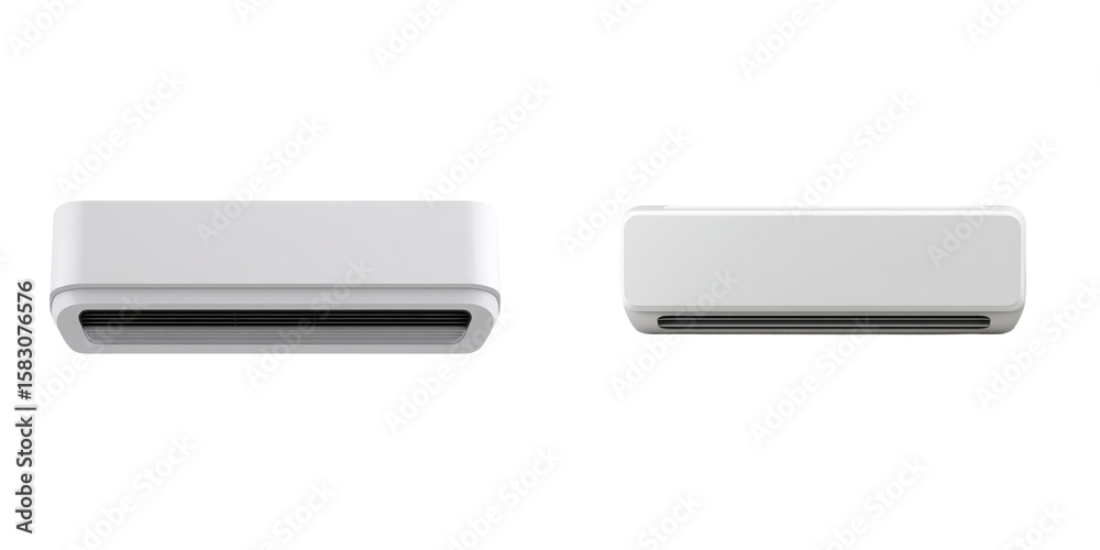 Two modern, sleek white air conditioning units with vent openings, isolated on black background Two modern, sleek white air conditioning units with vent openings, isolated on black background