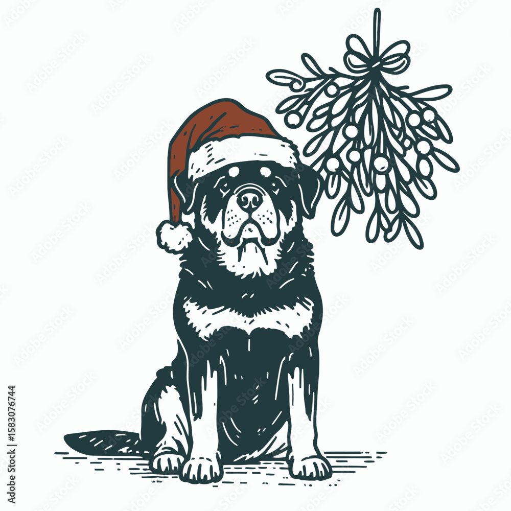 Obraz premium Adult Rottweiler Dog wear santa hat awkwardly stuck under mistletoe. Christmas Holiday Clipart Line Art Vector Illustration Xmas. Grown rott pup has headgear mishap beneath festive plant.