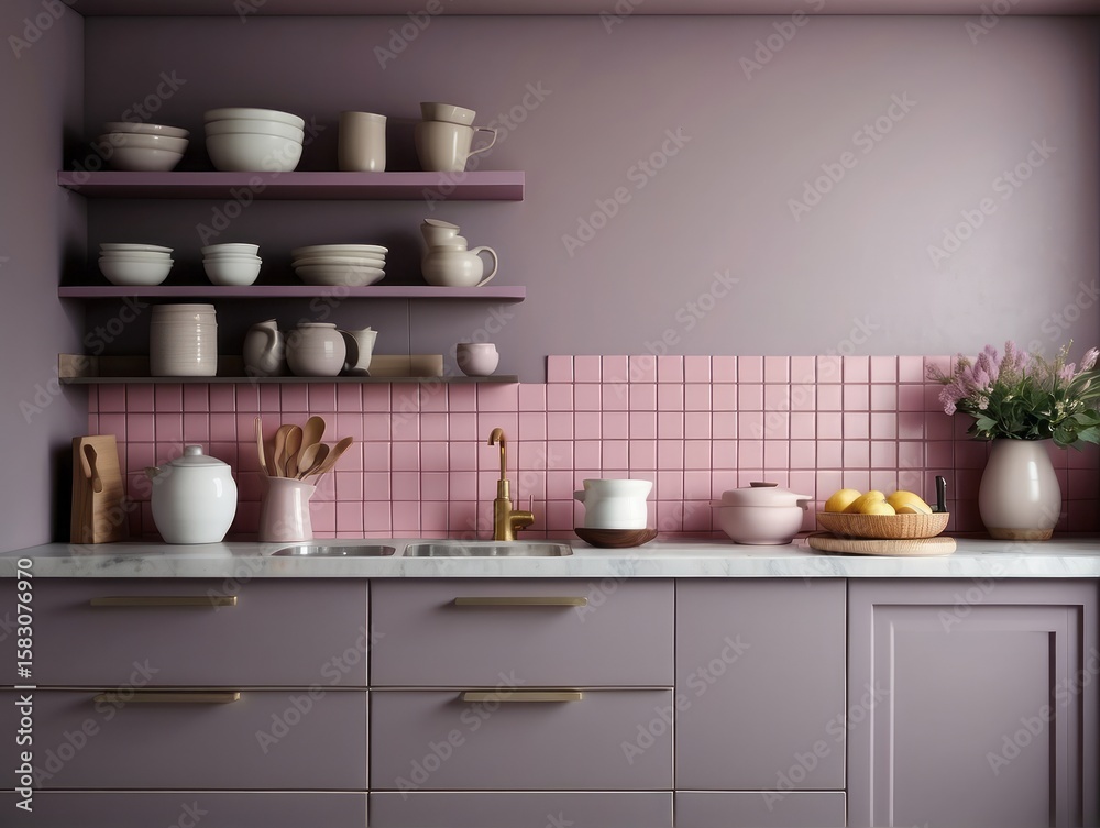 Grey kitchen cabinets and white countertop near pink herringbone tiled backsplash Grey kitchen cabinets and white countertop near pink herringbone tiled backsplash