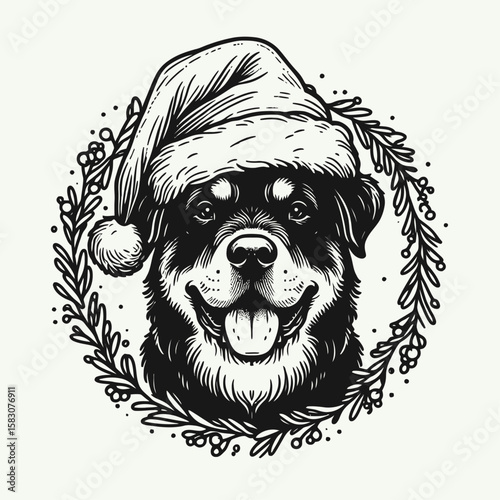 Adult Rottweiler Dog wear santa hat hanging upside down from a wreath. Christmas Holiday Clipart Line Art Vector Illustration Xmas. .