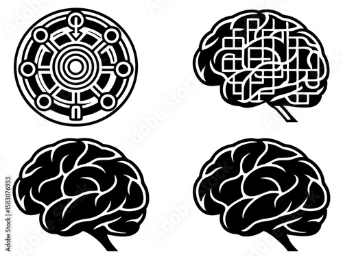 Abstract brain and circular design icons representing thought and logic