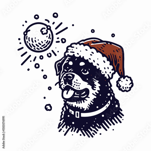 Adult Rottweiler Dog wear santa hat hit by a flying snowball. Christmas Holiday Clipart Line Art Vector Illustration Xmas. .