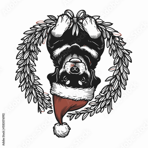 Adult Rottweiler Dog wear santa hat hanging upside down from a wreath. Christmas Holiday Clipart Line Art Vector Illustration Xmas. .