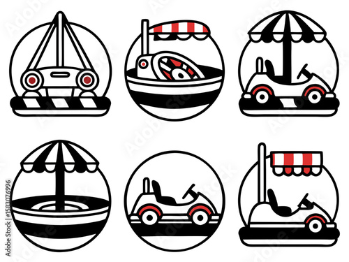 Stylized icons of bumper cars and amusement rides in circular frames
