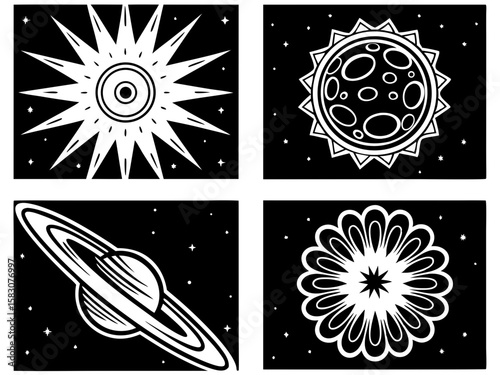 Stylized celestial bodies and cosmic patterns in black and white