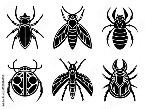 Stylized black and white insect illustrations featuring beetles and bees