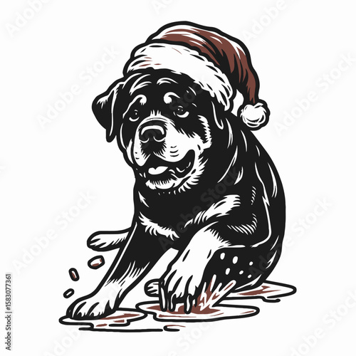 Adult Rottweiler Dog wear santa hat slipping on ice and falling. Christmas Holiday Clipart Line Art Vector Illustration Xmas. Mature canine in festive cap stumble glaze tumble down.