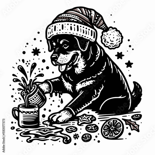 Adult Rottweiler Dog wear santa hat spilling hot cocoa everywhere. Christmas Holiday Clipart Line Art Vector Illustration Xmas. .