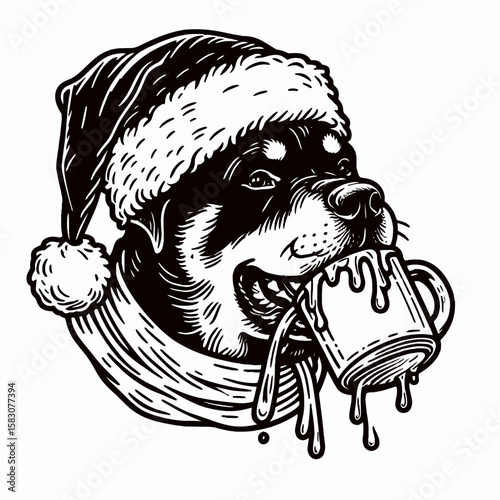 Adult Rottweiler Dog wear santa hat spilling hot cocoa everywhere. Christmas Holiday Clipart Line Art Vector Illustration Xmas. .