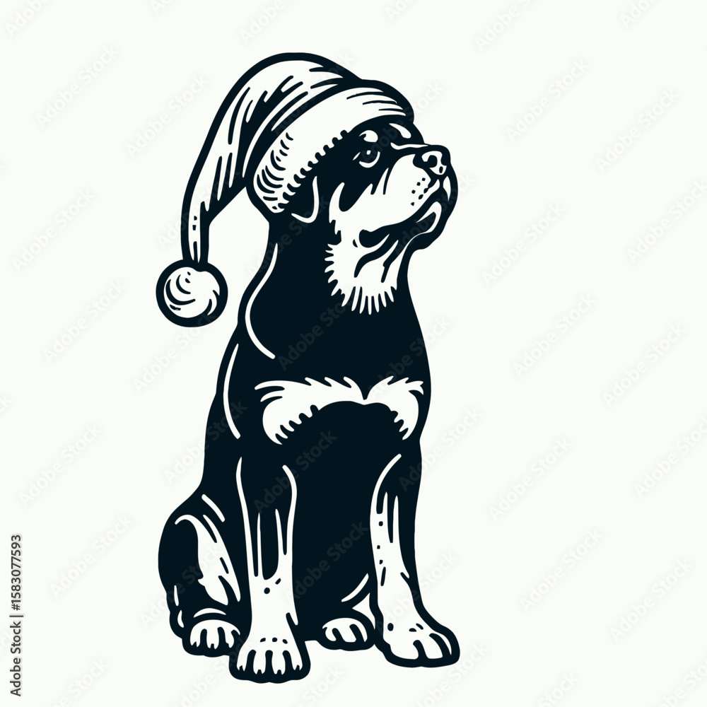 Obraz premium Adult Rottweiler Dog wear santa hat wearing a on its pelvis. Christmas Holiday Clipart Line Art Vector Illustration Xmas. .