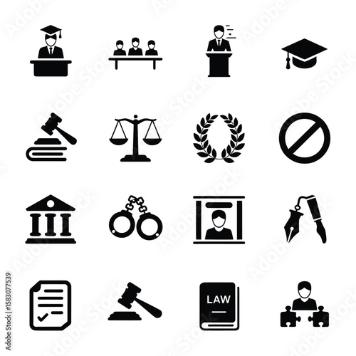 Set of 15 black and white icons, legal and educational themes, judge at bench, graduation, law symbols, arranged in 4x4 grid with one icon below.