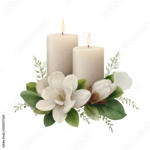 Two candles surrounded by magnolia blossoms and green leaves against a black background