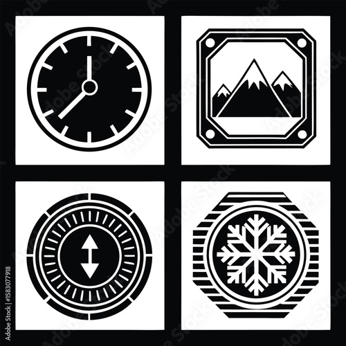 Black and White Festive Vibe Bundle Four Solid Geometric Clock Mountain Snowflake Up Down Arrow