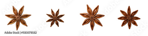 Four star anise spices arranged neatly against a black backdrop, showing their aromatic and decorative form