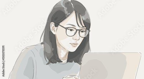 Young Asian woman working on laptop with glasses in minimalist setting  